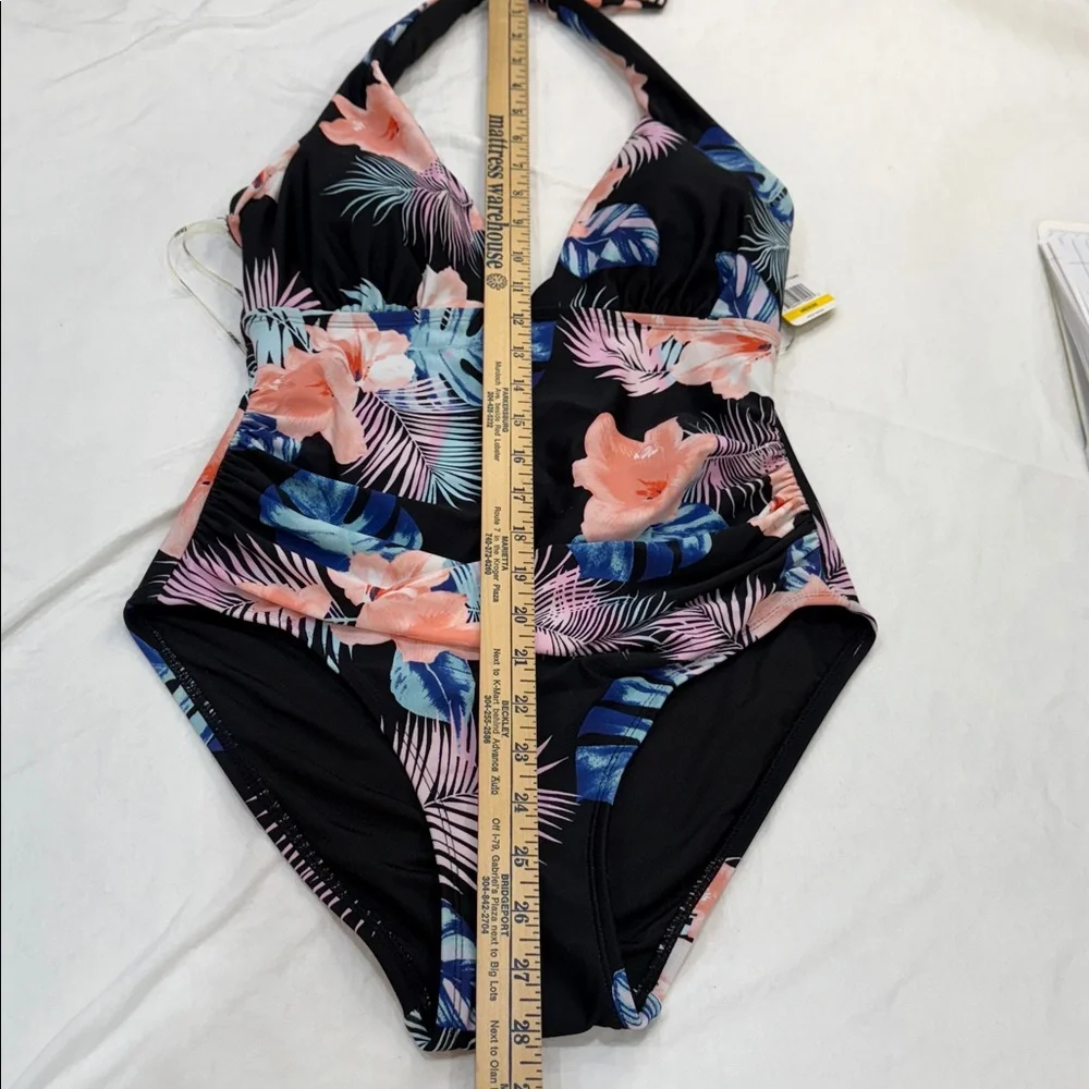 DKNY Ladies Swimsuit Halter Shirred Tropical floral Print a one Piece Size M NWT - Picture 11 of 12